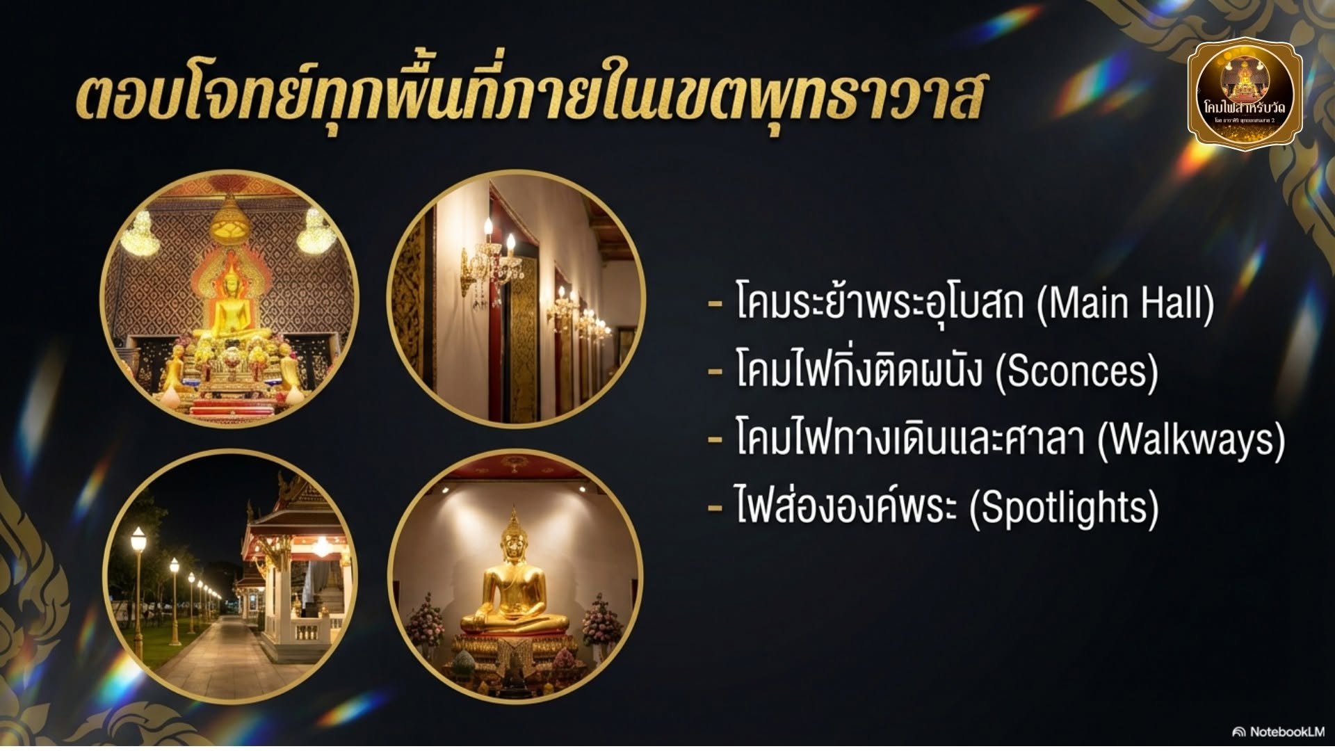Temple lighting application areas — chandeliers, sconces, walkways, spotlights